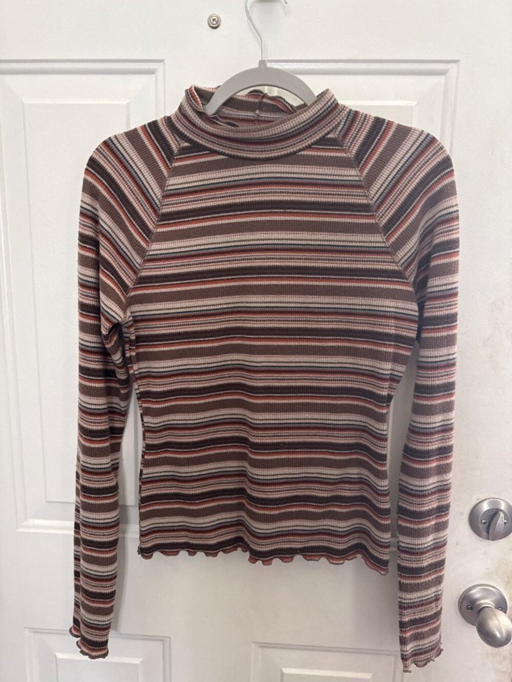 SO Striped Ribbed Mock Neck Long Sleeve Top Brown Multi-Color Womens Size L